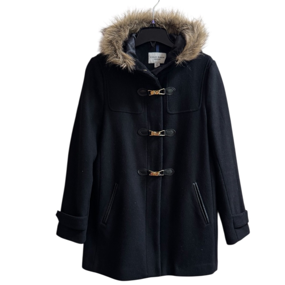 Cole Haan Black Size 8 Winter Duffle Coat with Faux Fur Hood Excellent Condition